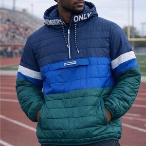 Members Only Men's Blue and Green quarter zip Hooded Jacket